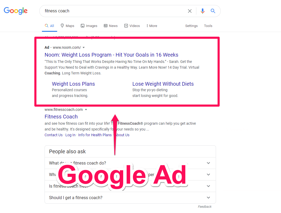 Screenshot of google search listing page showing google ads at the top