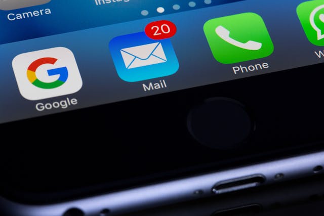 Close-up of the mail email app on a phone. Email marketing services charity digital marketing